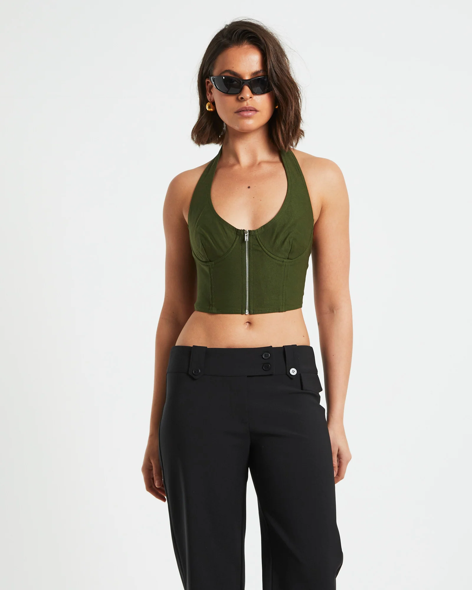 Athena Zip Front Halter Neck Corset in Khaki Green