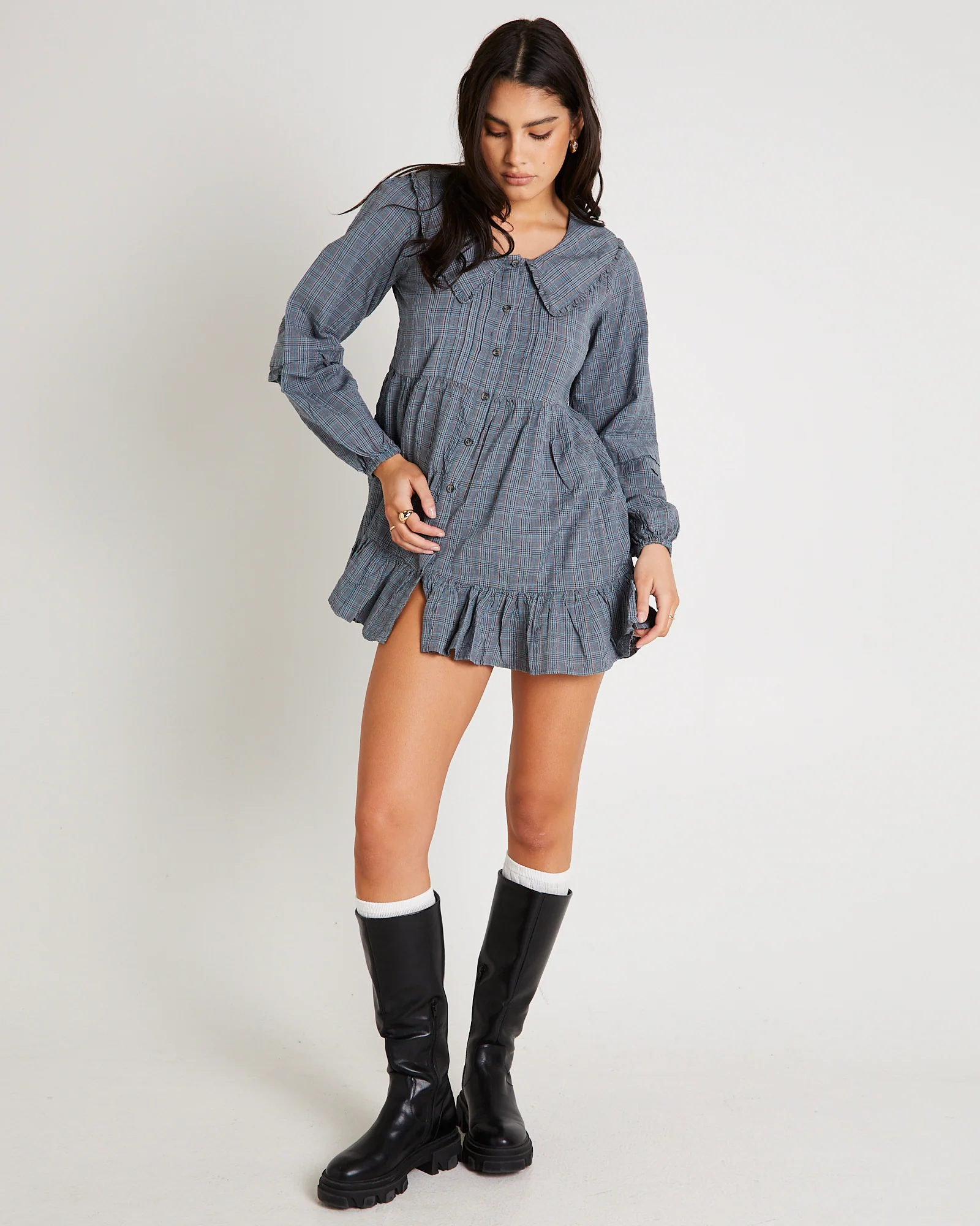 BDG Check Collar Long Sleeve Mini Dress - Image 2
