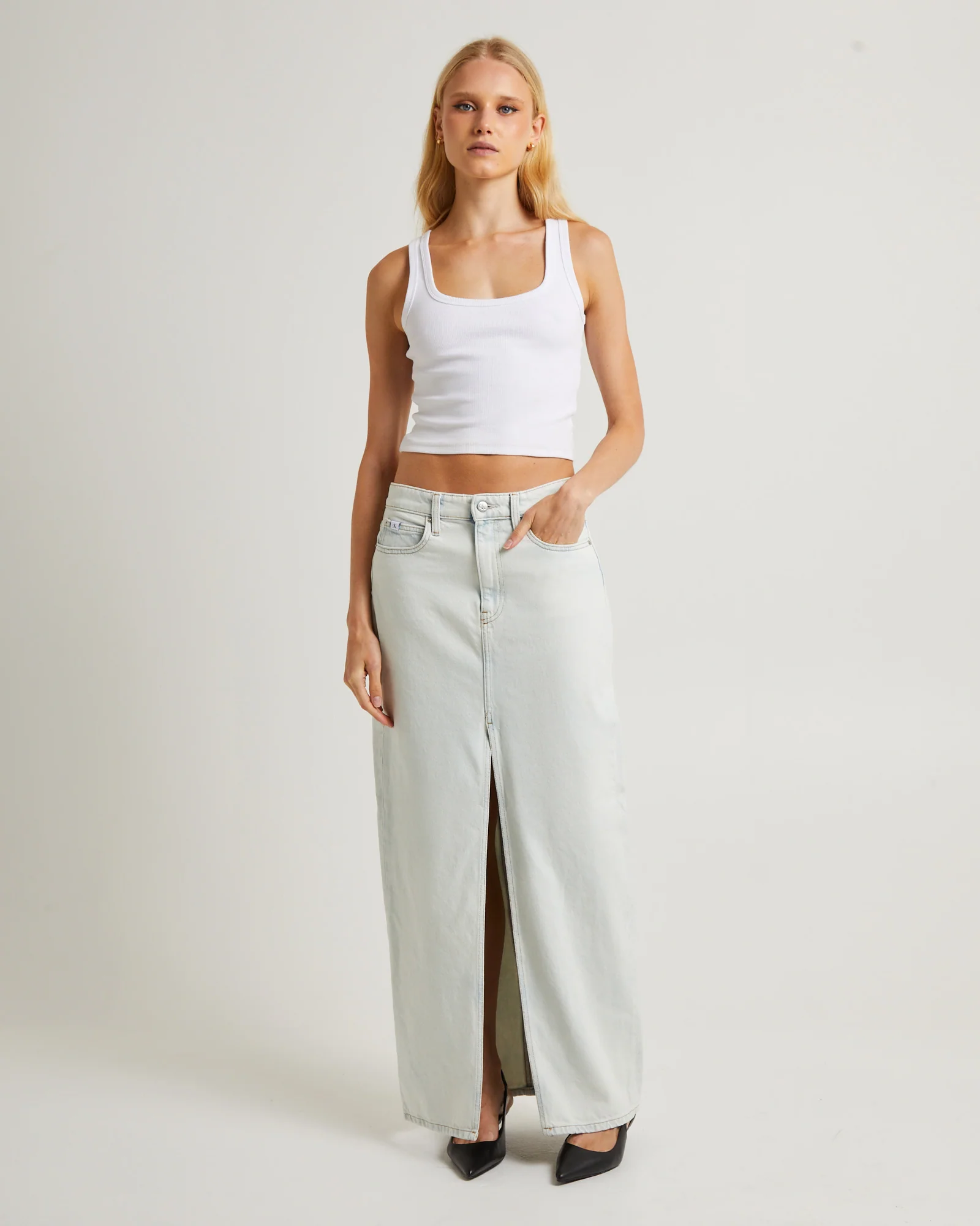 Front Split Denim Maxi Skirt