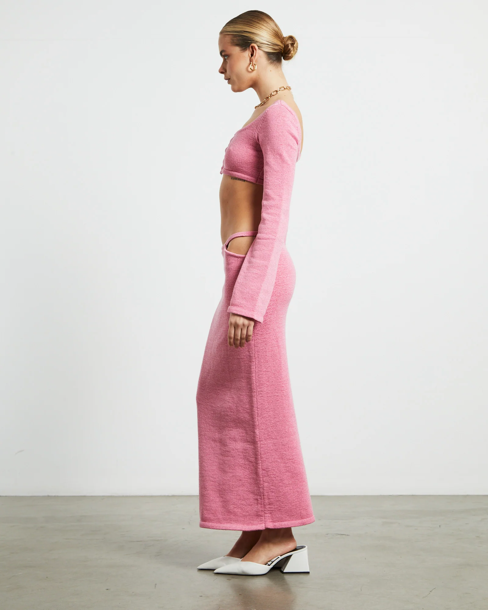 Mika Knit Fitted Long Sleeve Button Up Top in Strawberry Pink - Image 4