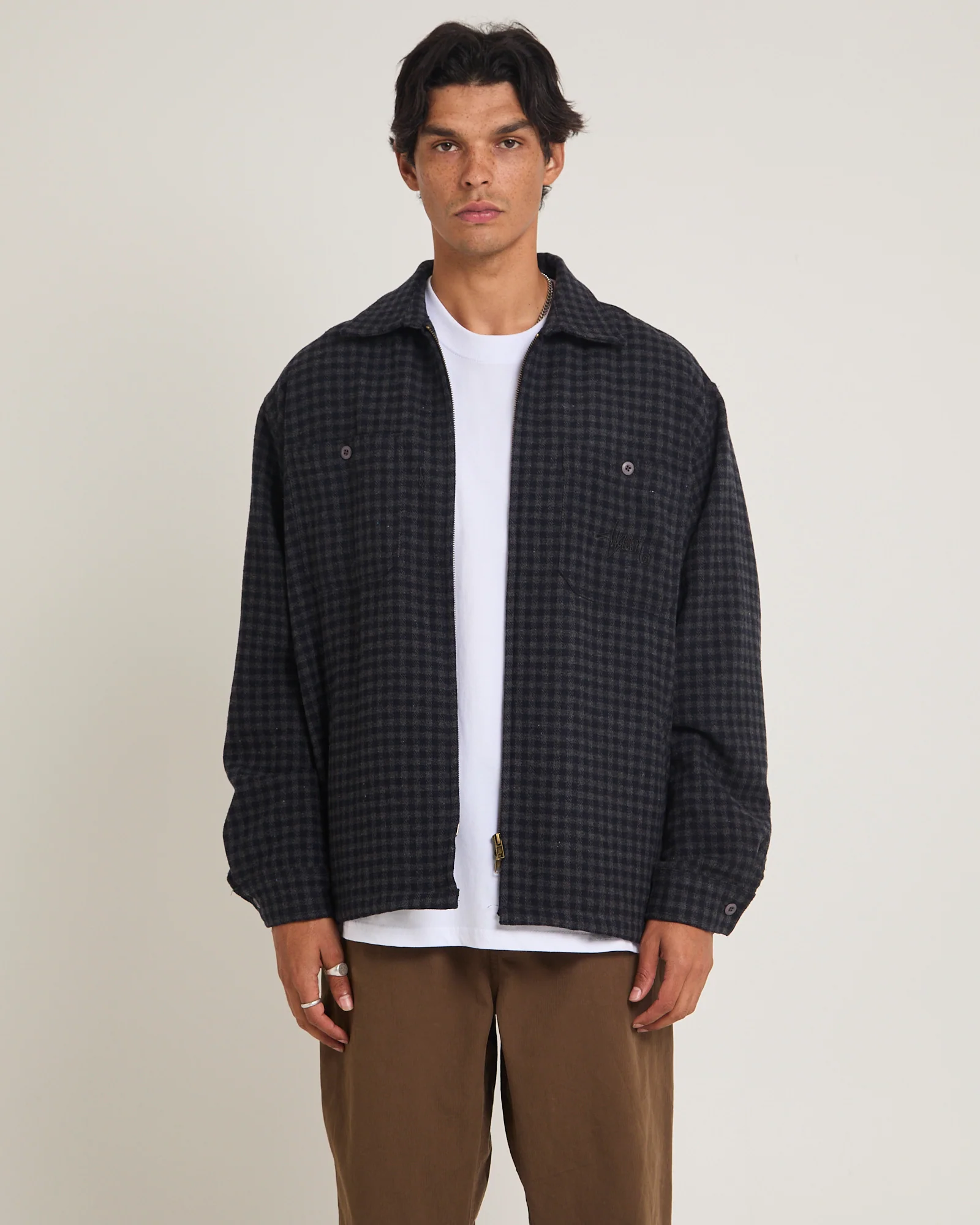 Plaid Zip Through Long Sleeve Shirt